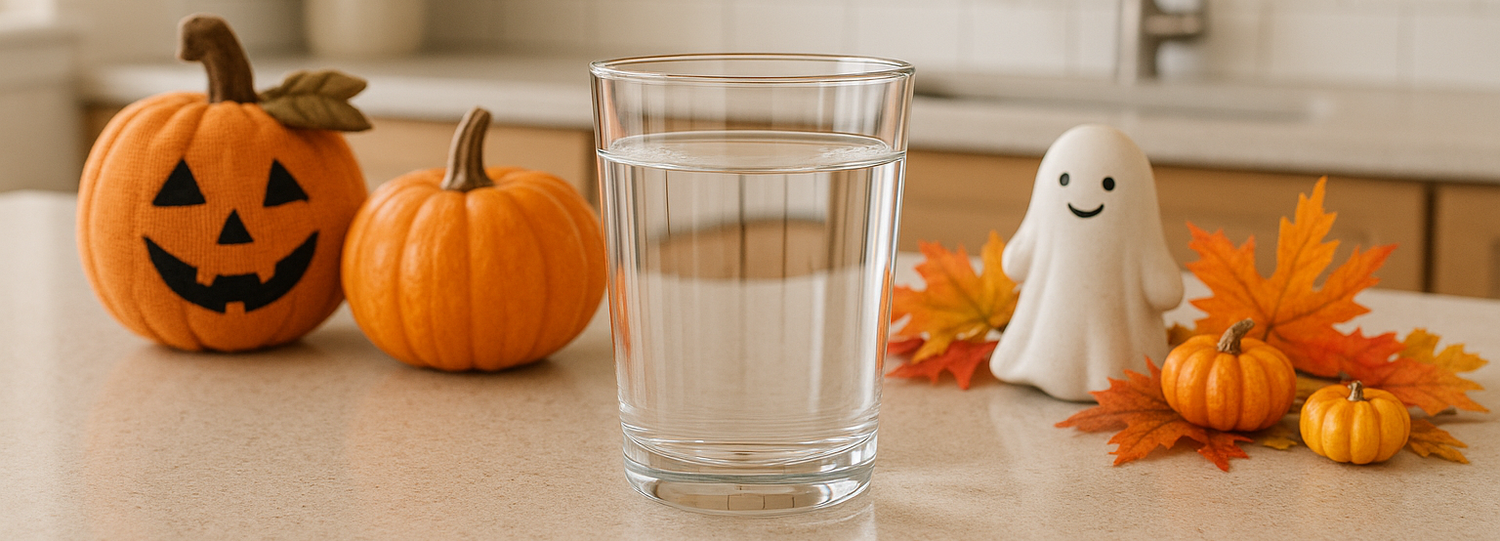 Cute Halloween decorations with a glass of water in the central focus