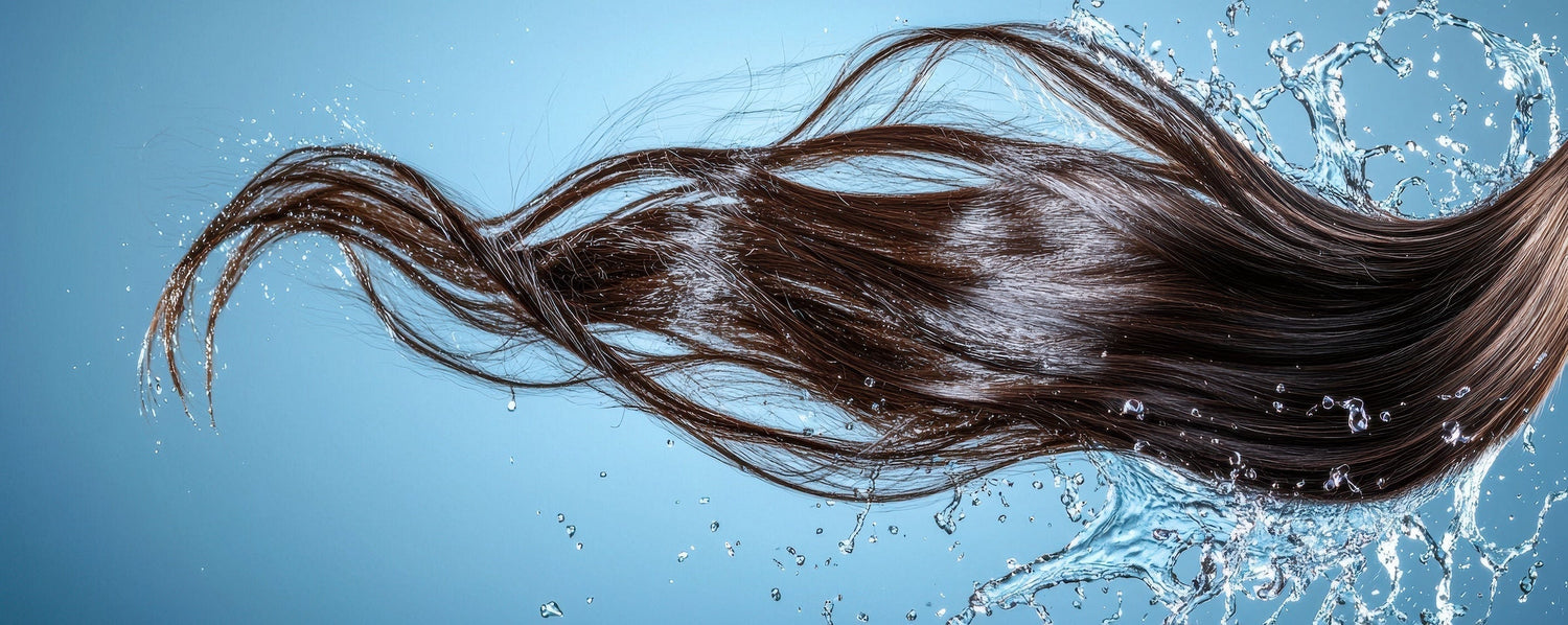 Dynamic splash of water enveloping long silky hair with a blue backdrop