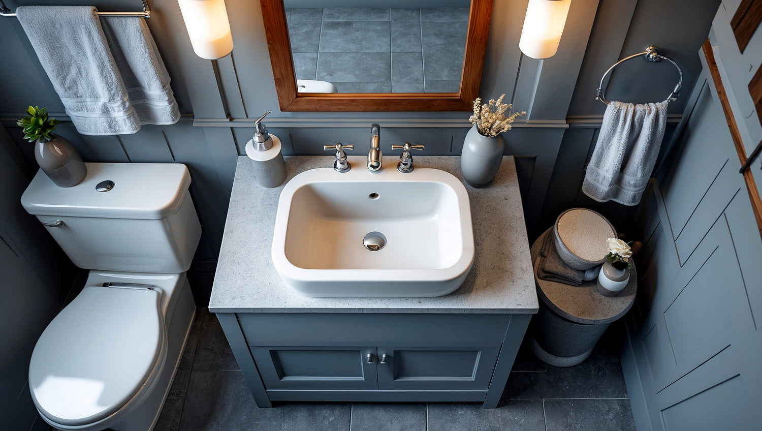 above shot of an elegant grey bathroom interior with sink and accessories