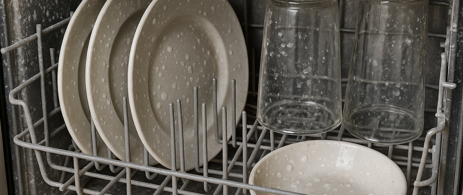 hard water spots and limescale buildup in dishwasher