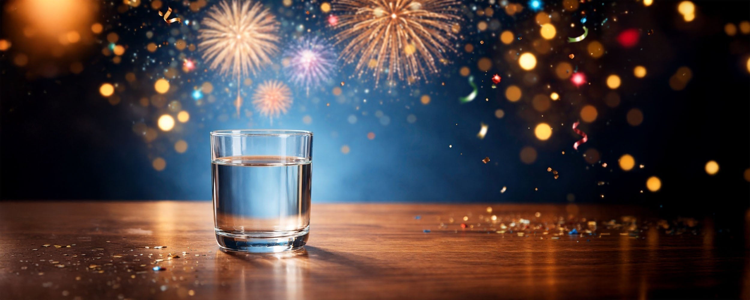clean glass of water on a wood countertop with new year celebration elements