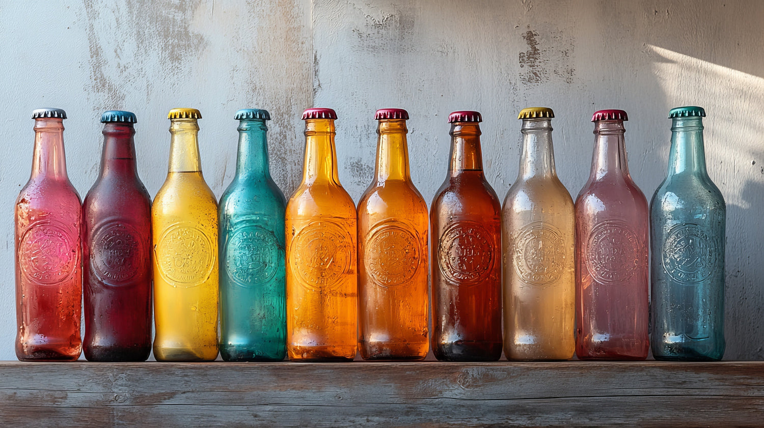 An assortment of colorful glass water bottles and caps arranged together on a rustic wooden shelf