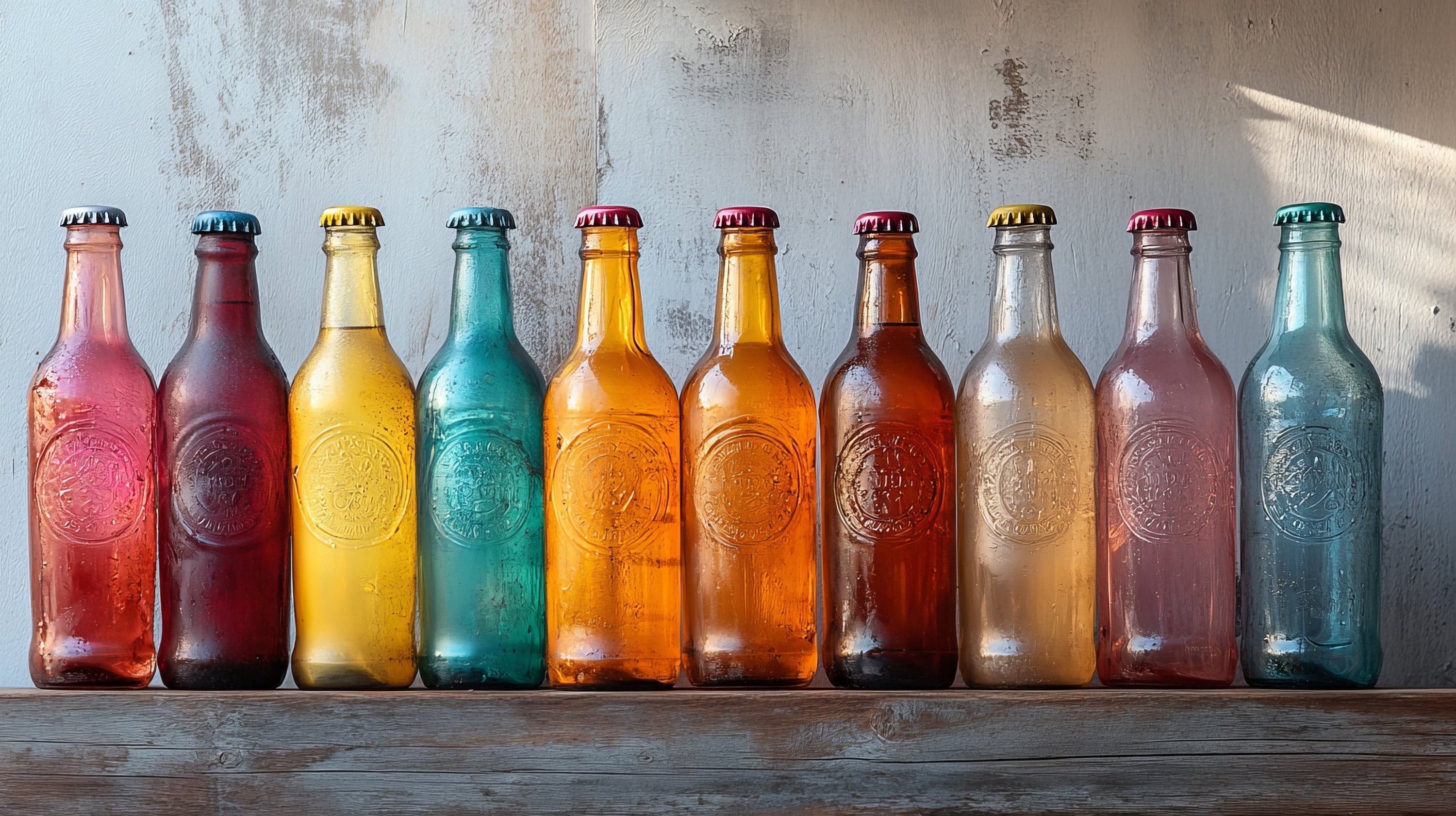 An assortment of colorful glass water bottles and caps arranged together on a rustic wooden shelf