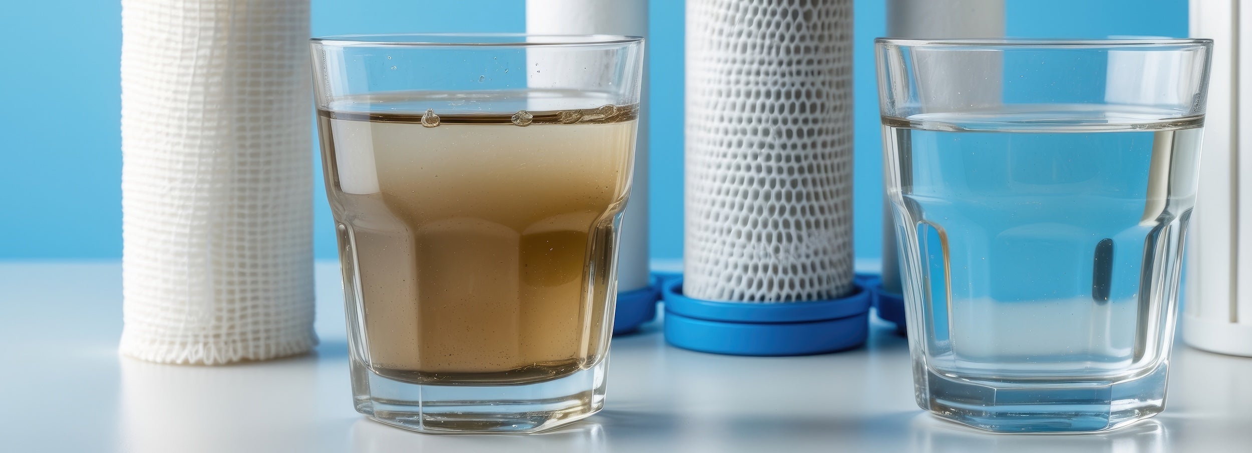 Two glasses, one with clean water, the other with dirty water, in front of various water filter media