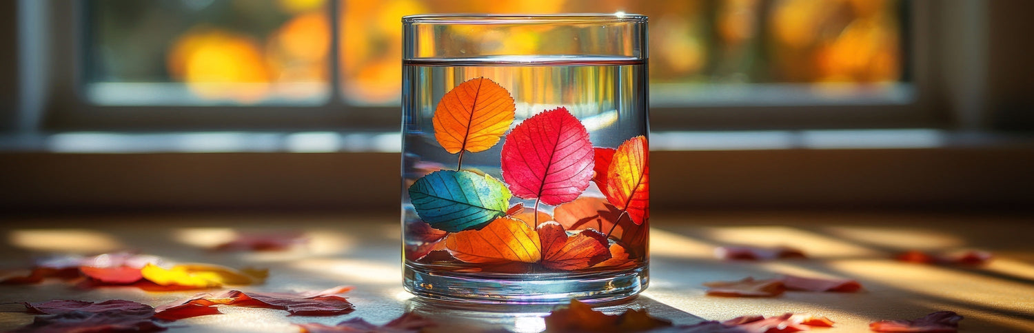 a glass of water with fall leaves of red and orange in them, softly backlit by a warm afternoon sun penetrating through the window behind it. fall leaves also surround the glass