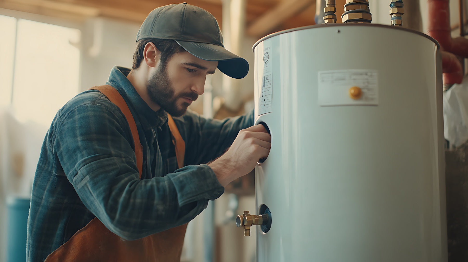 man repairing water heater