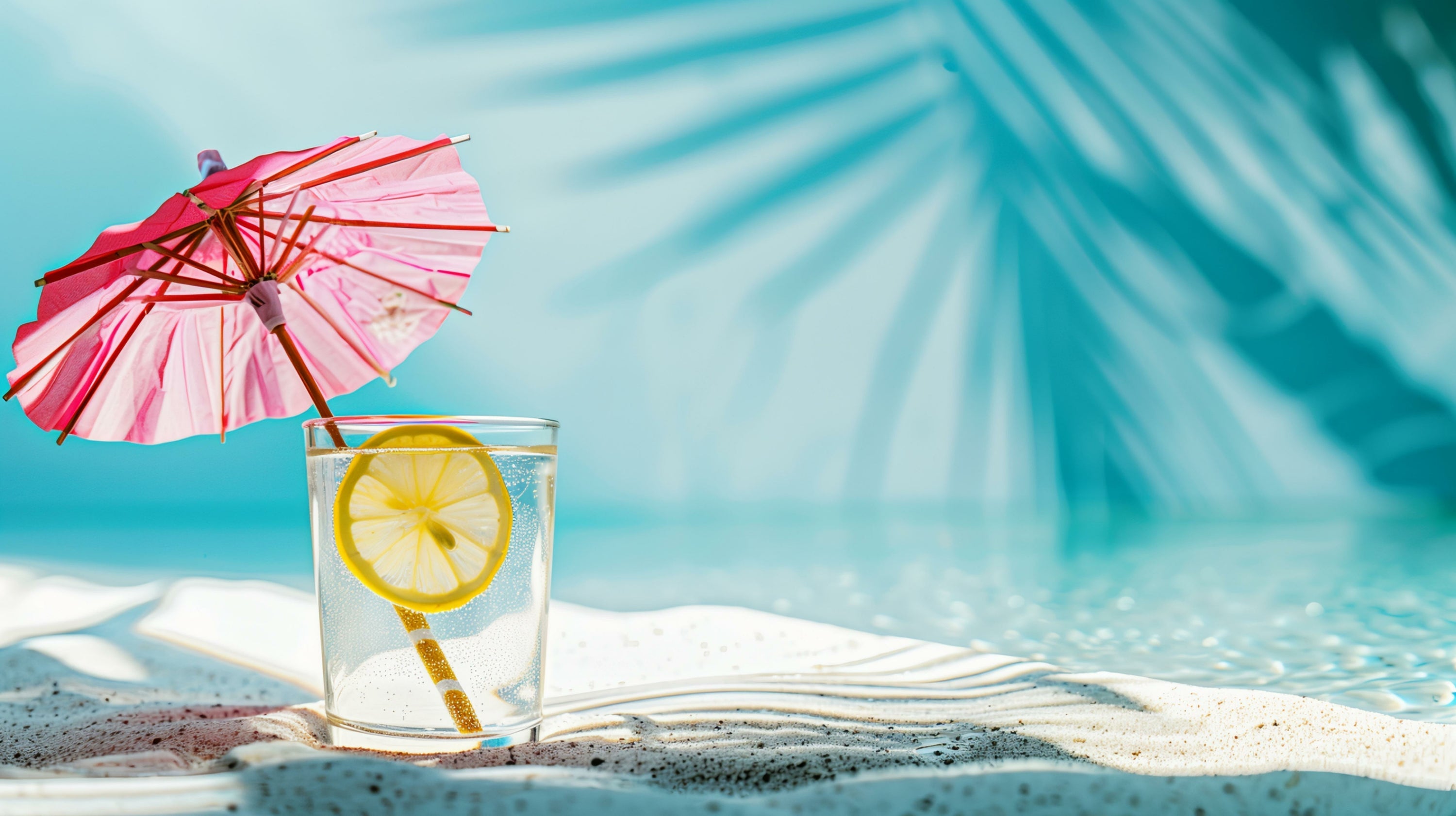 A glass of water with lemon inside and an umbrella with a tropical background