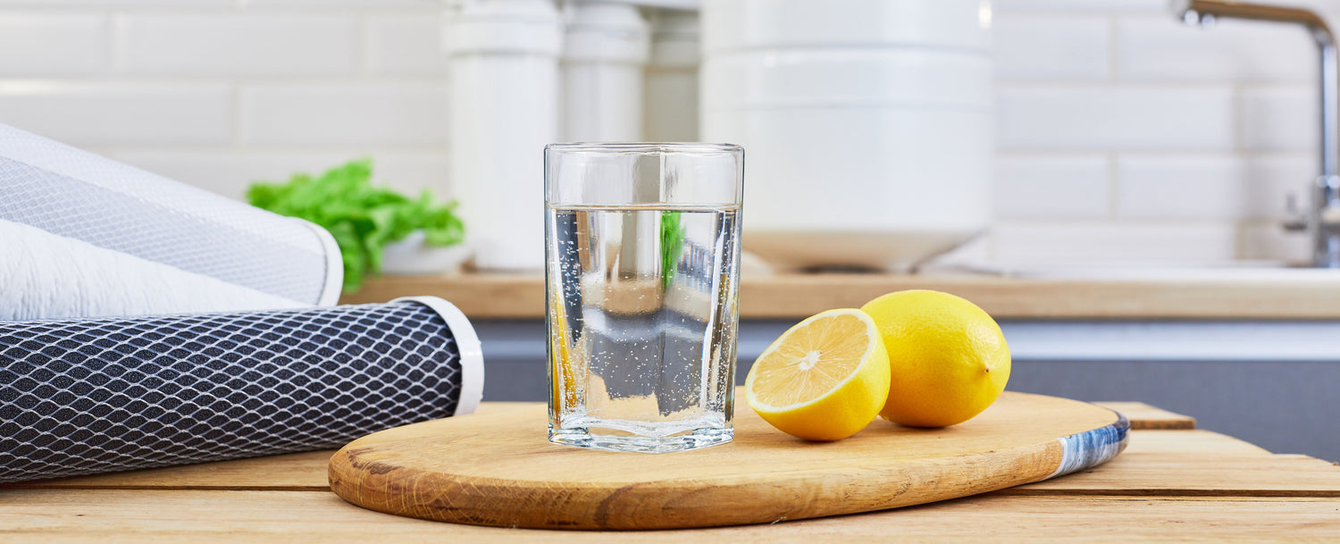 reverse osmosis filters and membranes next to a glass of water and a sliced lemon on a round wooden serving tray