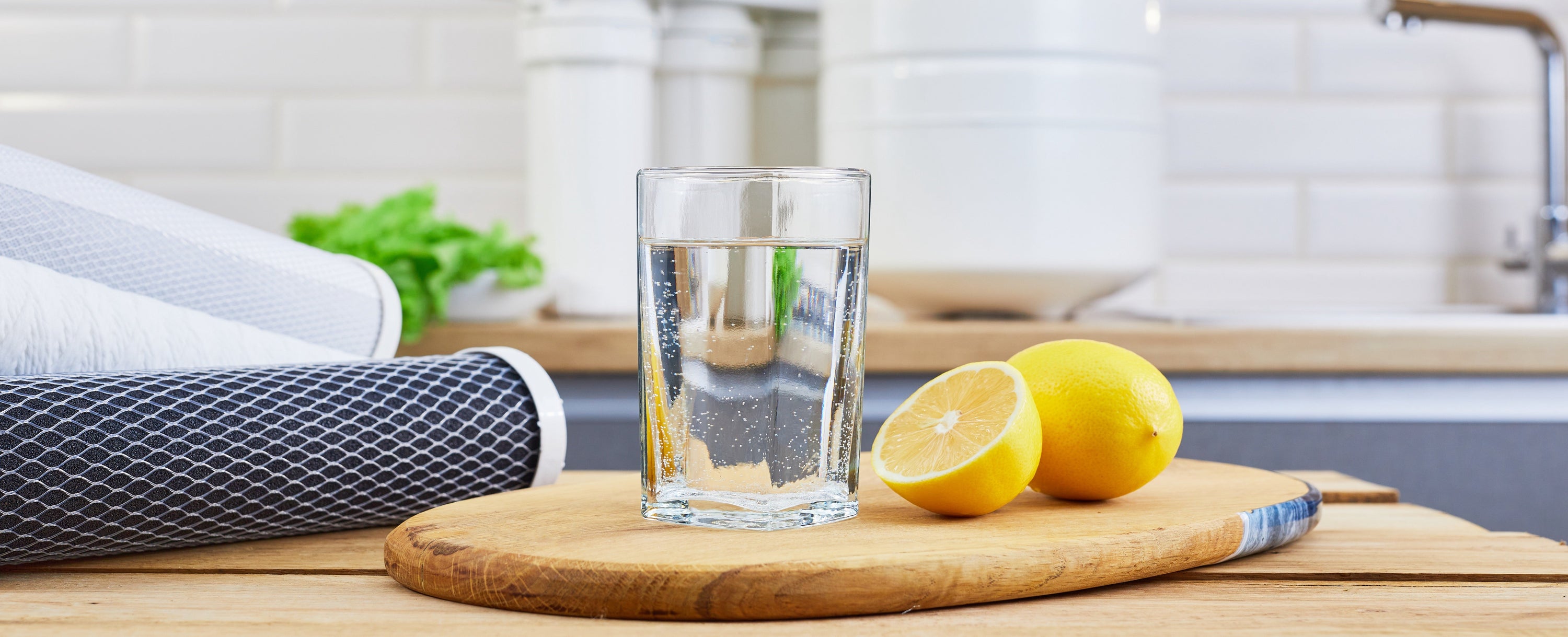 reverse osmosis filters and membranes next to a glass of water and a sliced lemon on a round wooden serving tray