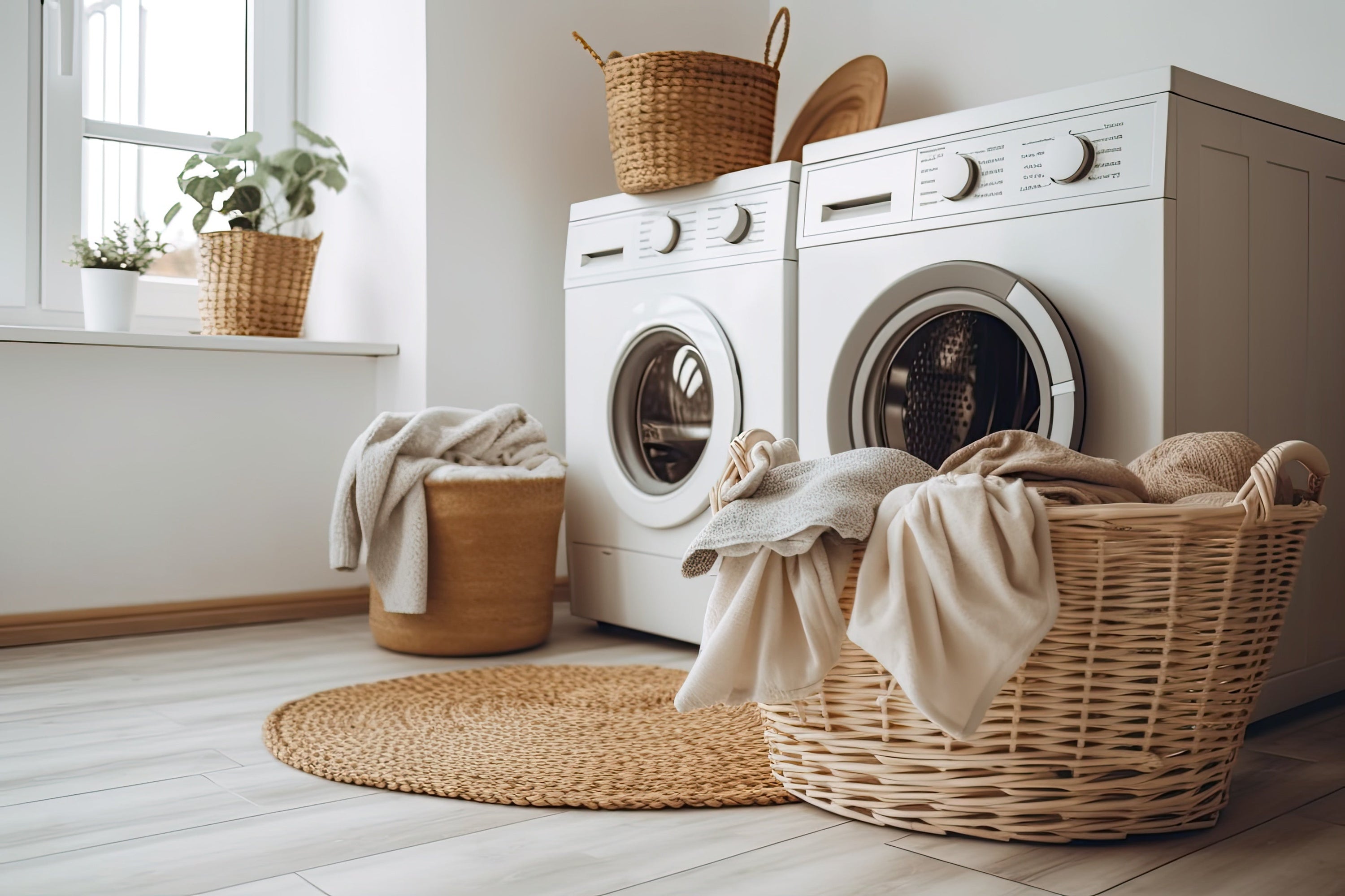 A clean modern laundry room with a white, modern washer and dryer set, and wicker laundry baskets