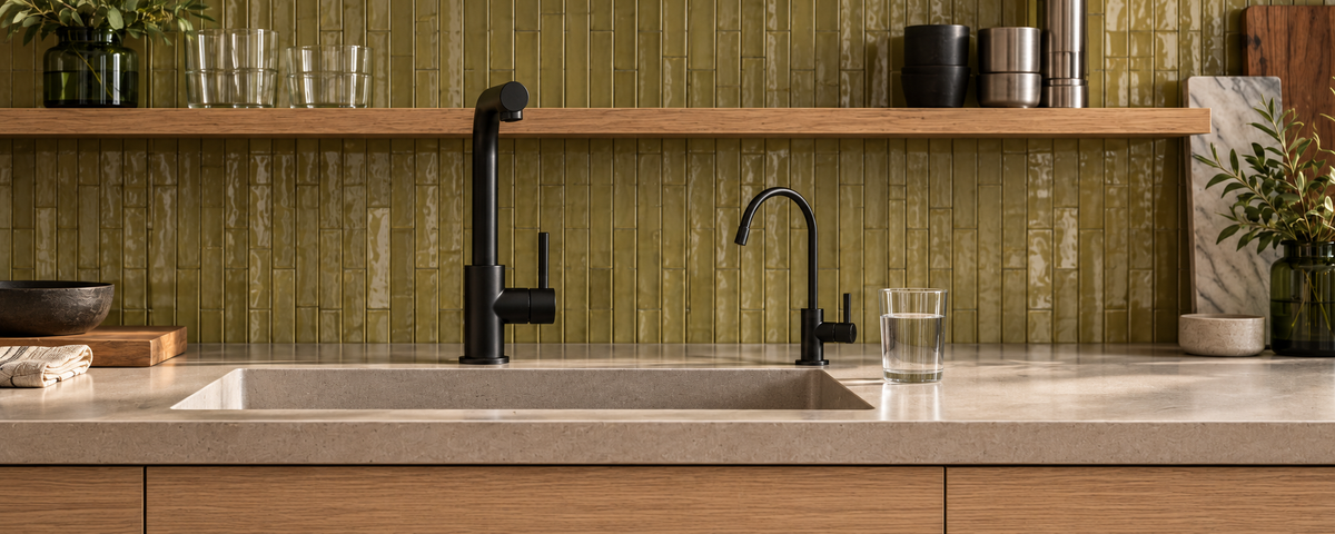 countertop view of a kitchen faucet, ro faucet, and sink basin with a clean glass of water next to the ro filter