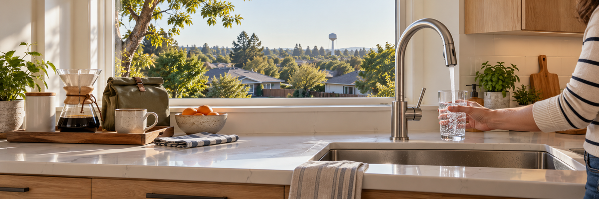 Person filling a glass at a kitchen faucet, with neighborhood rooftops and a distant water tower visible through the window.