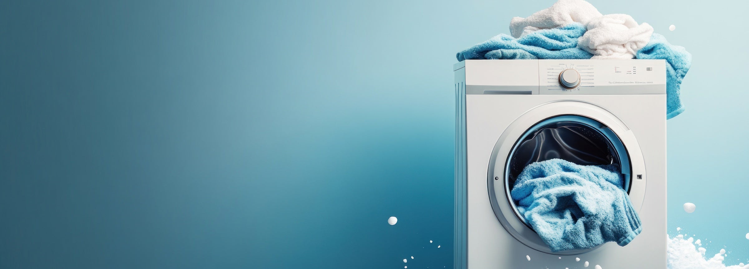 blue background with a washer stuffed with towels and soap elements