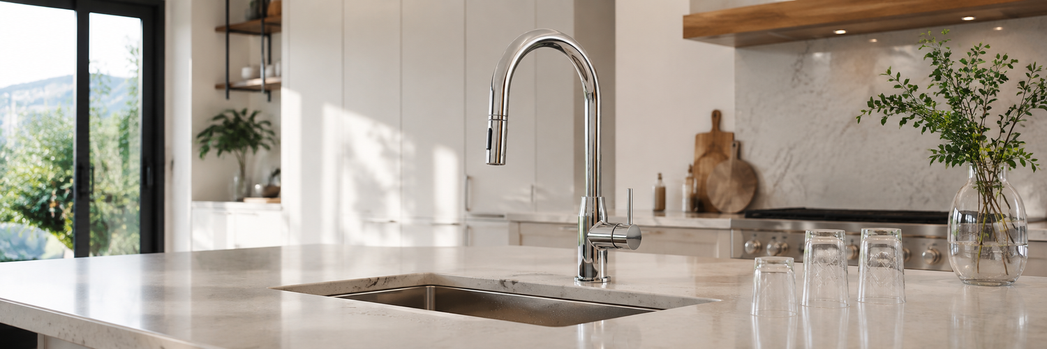 a wide panoramic modern kitchen with a large chrome faucet and pristine sink area as the central focal point, clean glassware nearby, soft daylight, subtle water droplets, and beautiful stone surfaces