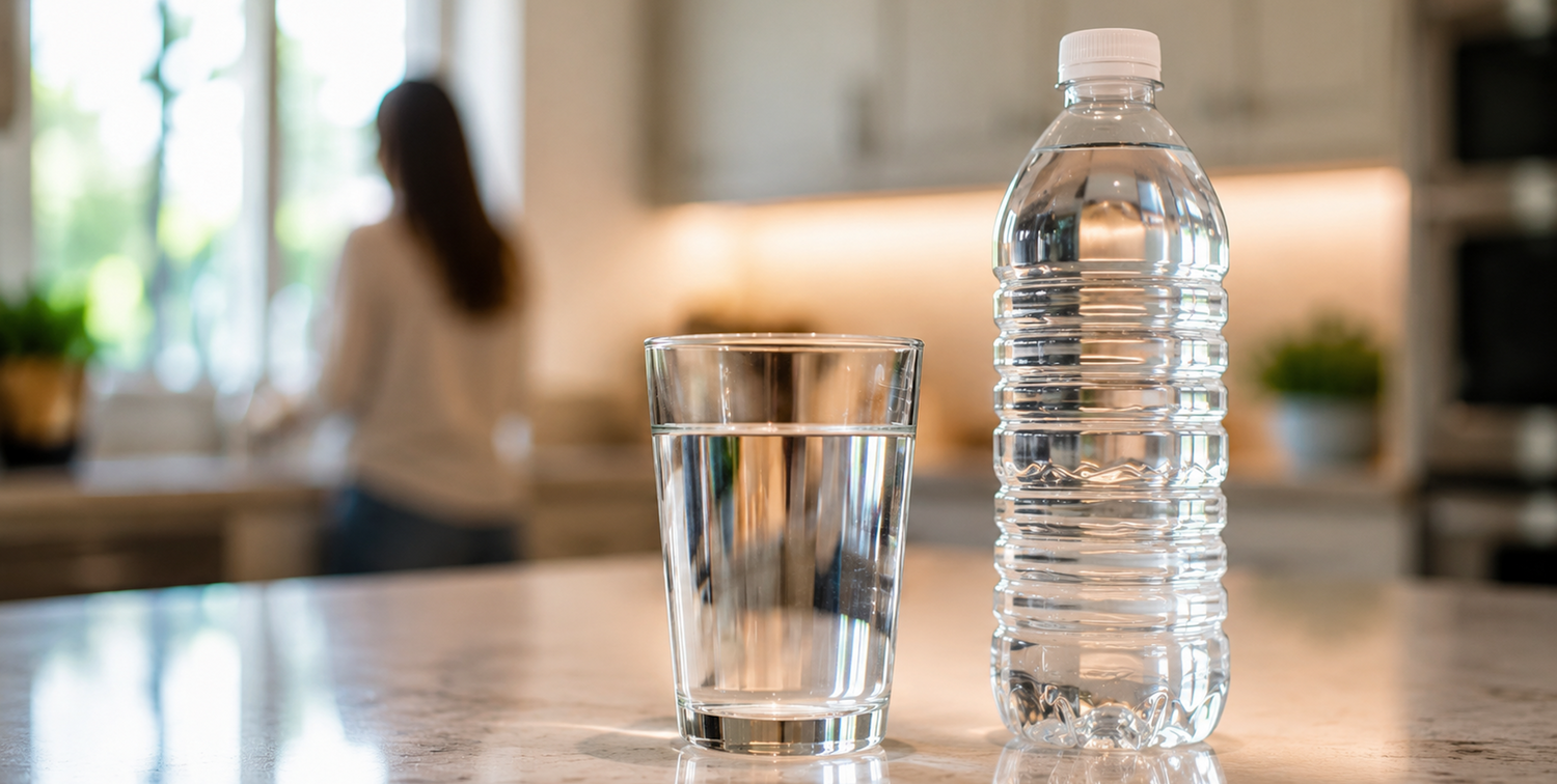 a glass of bottled water and a glass of RO water on a kitchen counter with a woman, blurred in the background, at the kitchen sink