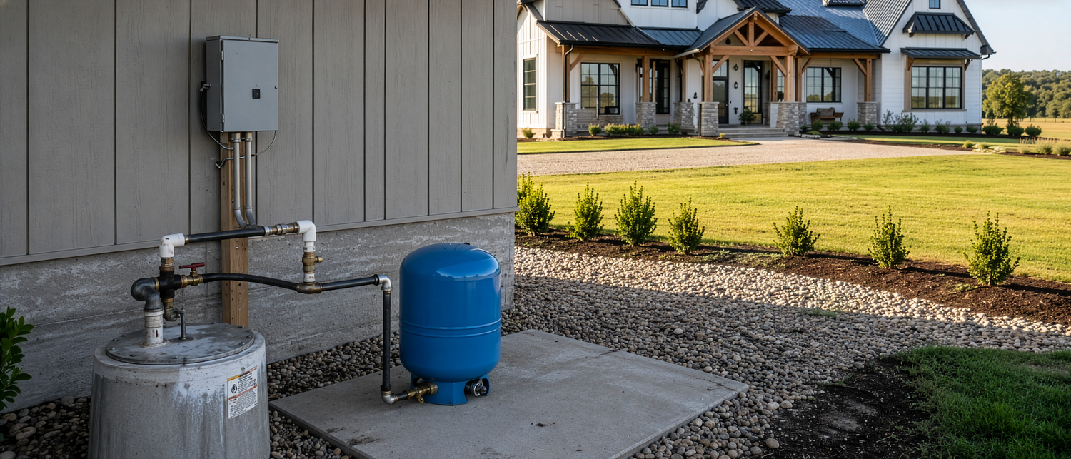 a private well water system outside a modern countryside home
