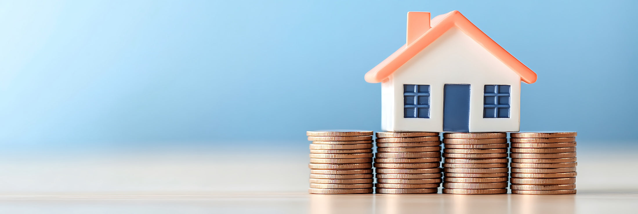 a miniature home stacked atop evenly stacked coins