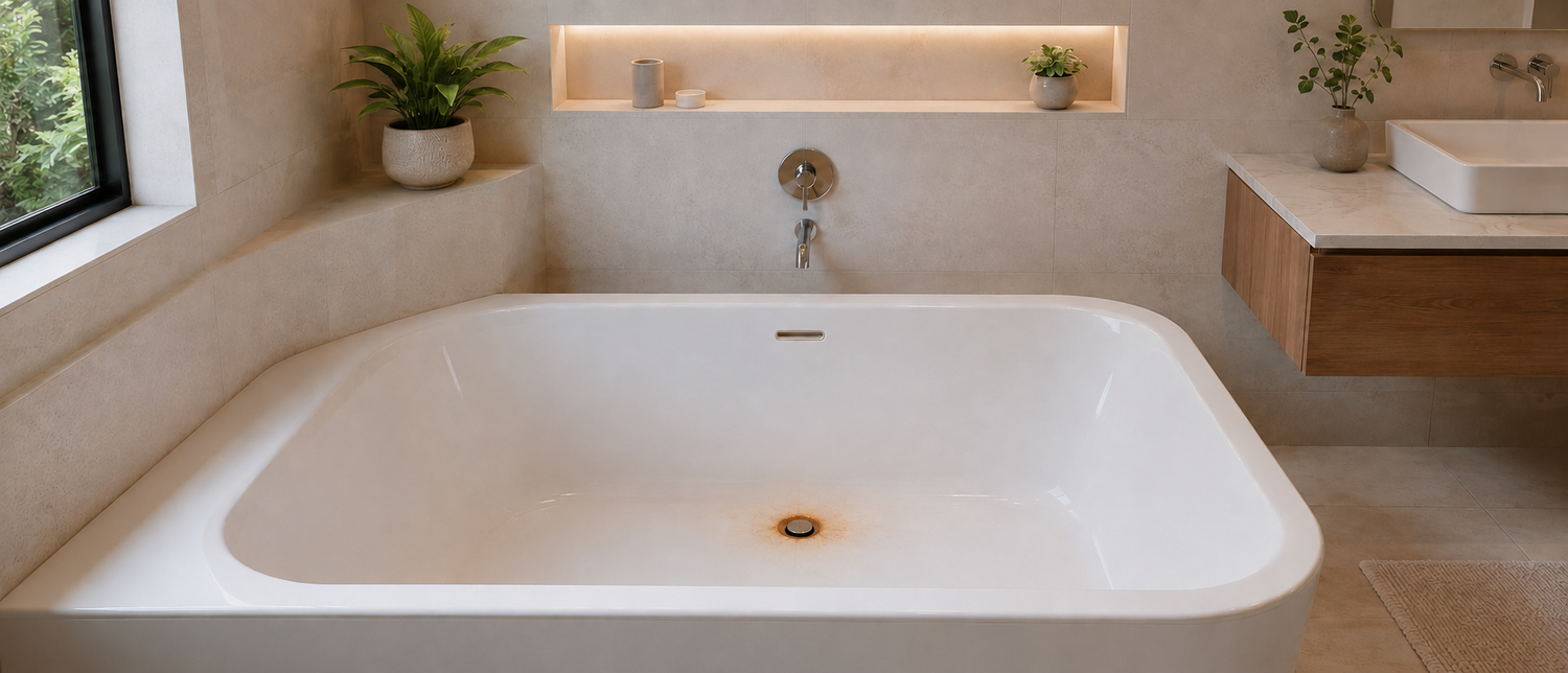 a modern bathroom with a large luxury bath tub that has an iron rust stain around the drain