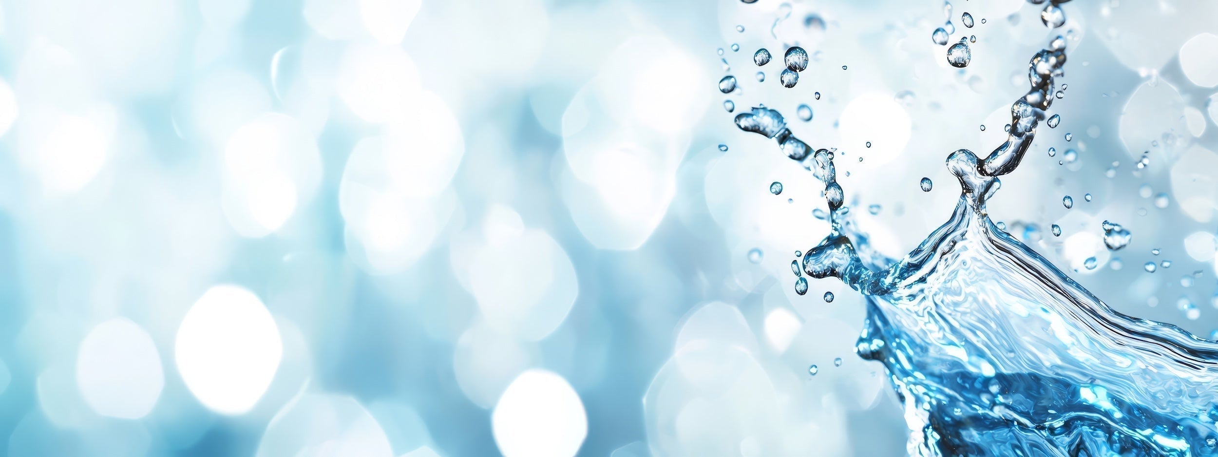 A tight shot of water spraying from a faucet against a backdrop of blue and white bowl