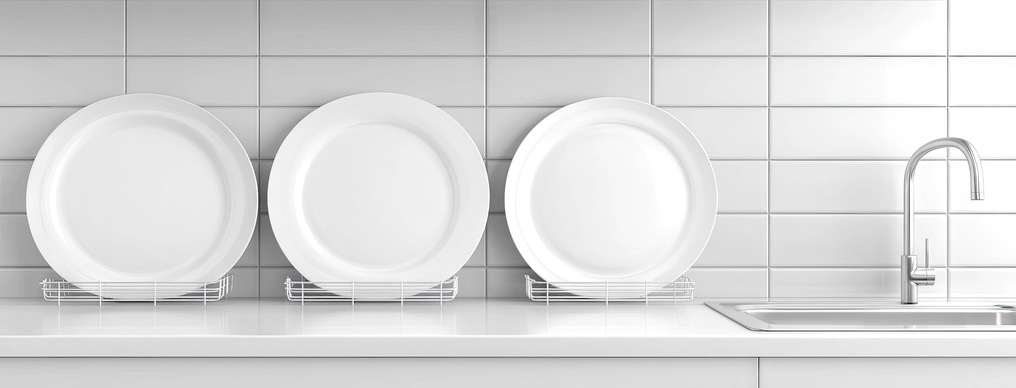 Elegant white plates resting in a dish rack on a sleek kitchen counter with a faucet in a modern, minimalistic setting