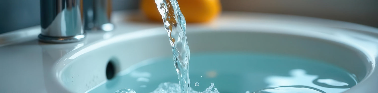  Close-up of soft water stream filling bathroom sink