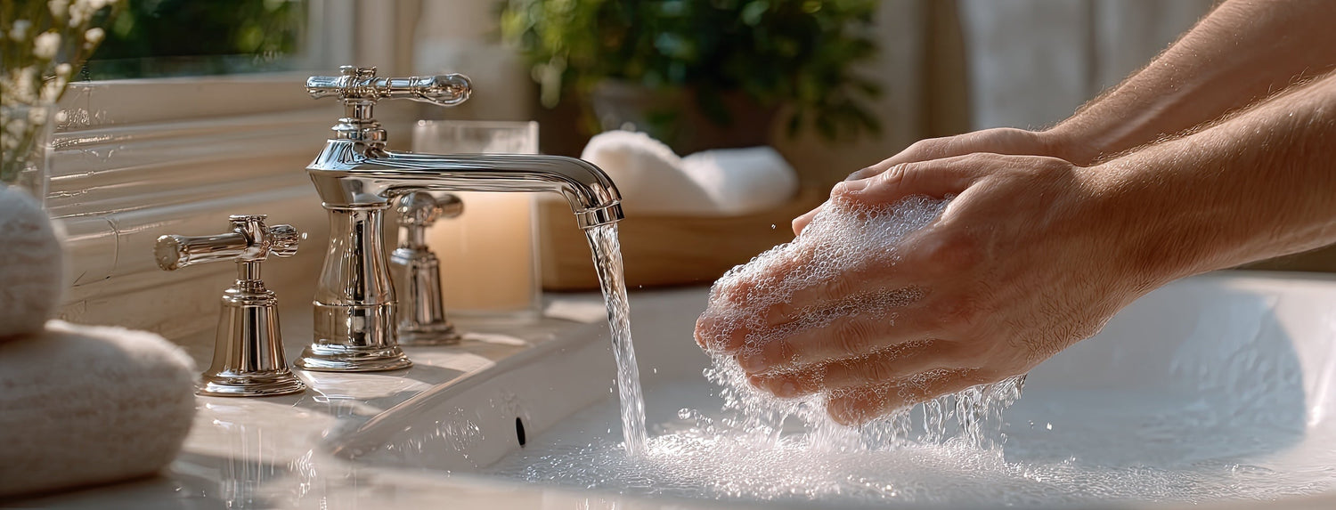 warm sunlight hitting hands washing with foam and bubbles in a clean bathroom sink