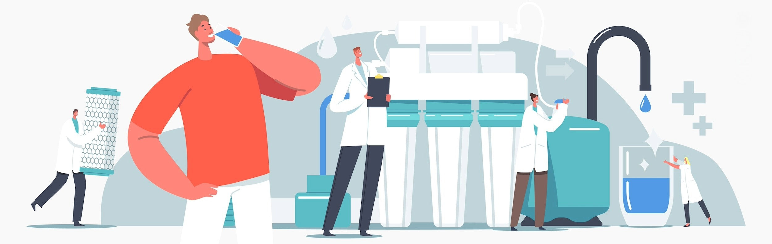 Illustration of a person drinking water with lab-coated technicians and oversized water filtration systems in the background.