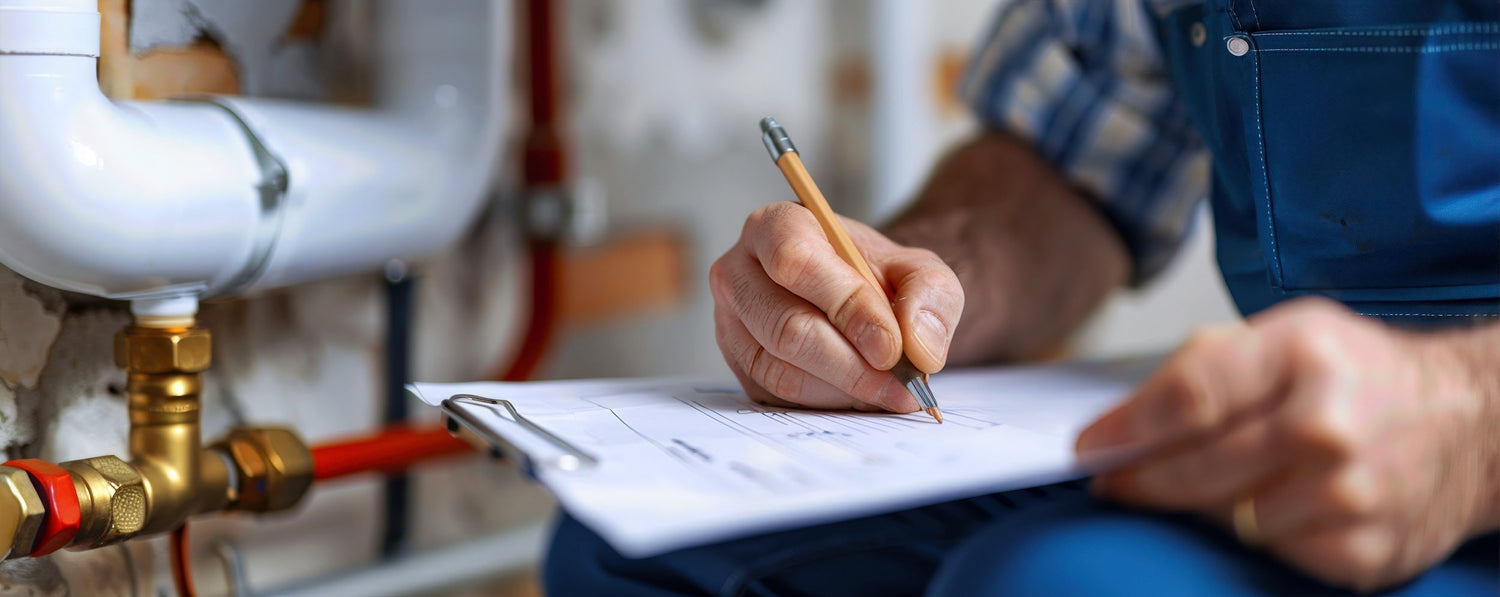 a close up of a plumber writing on a document on a clip board next to plumbing pipes