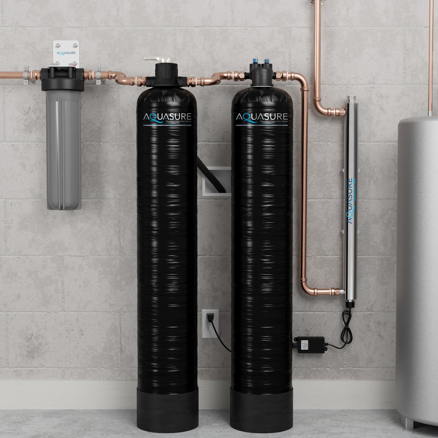 Serene Series | 15 GPM Salt-Free Conditioning, Whole House Water Treatment System, Pleated Sediment Pre-Filter and UV Purifier