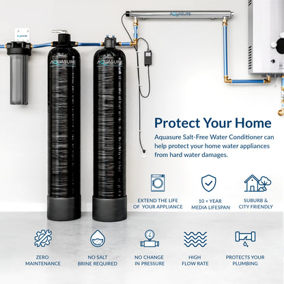 Serene Series | 15 GPM Salt-Free Conditioning, Whole House Water Treatment System, Pleated Sediment Pre-Filter and UV Purifier