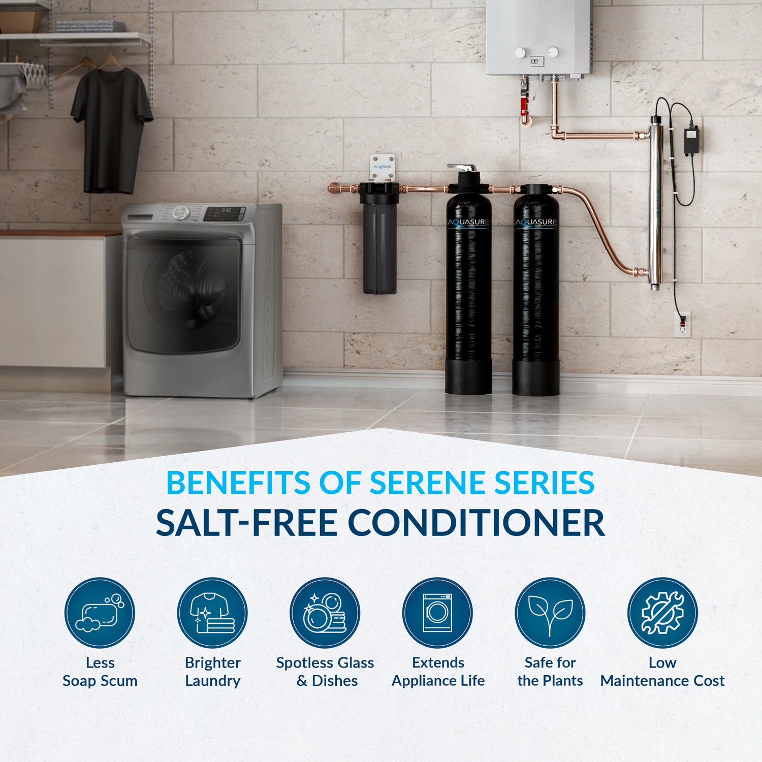 Serene Lite Series | 650K Gallons Whole House Salt-Free Water Conditioning/Softening Descaler Bundle with Triple Purpose Filter System and 8 GPM UV De-Activator