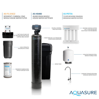 Signature Pro | Whole House Water Filter Bundle with 48,000 Grains Softener, 75 GPD Reverse Osmosis System &amp; Triple Purpose Pre-Filter