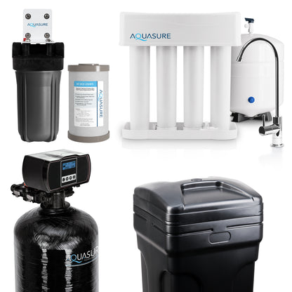 Signature Elite | Whole House Water Filter Bundle with 64,000 Grains Softener w/ Fine Mesh Resin, 75 GPD Reverse Osmosis System &amp; Triple Purpose Pre-Filter