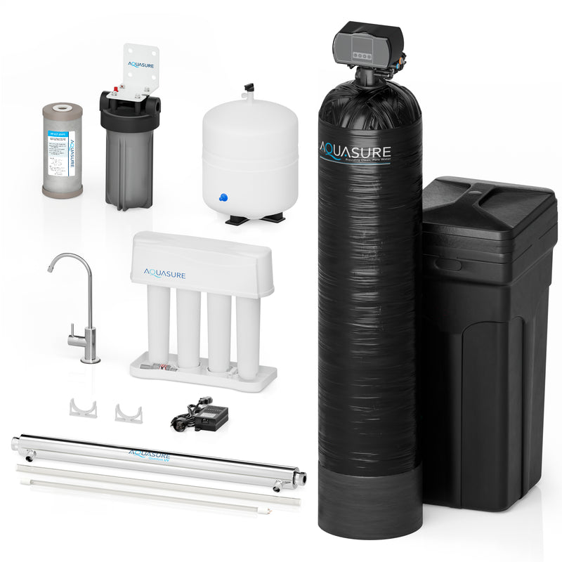 Whole House 64,000 Grain Water Softener with 12 GPM UV Water Sterilizer System - Triple Purpose Pre-Filter - 75 GPD RO System Bundle