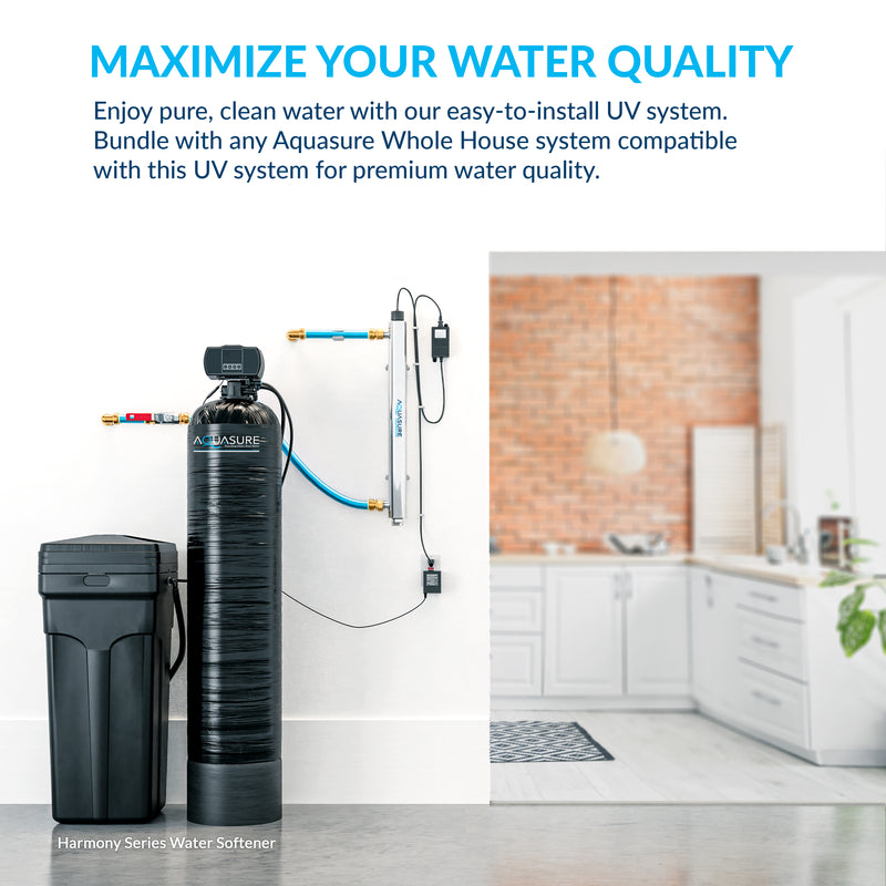 Whole House Harmony 32,000 Grain Water Softener with 8 GPM Ultraviolet UV Light Water Sterilizer System and Triple Purpose Pre-Filter Bundle